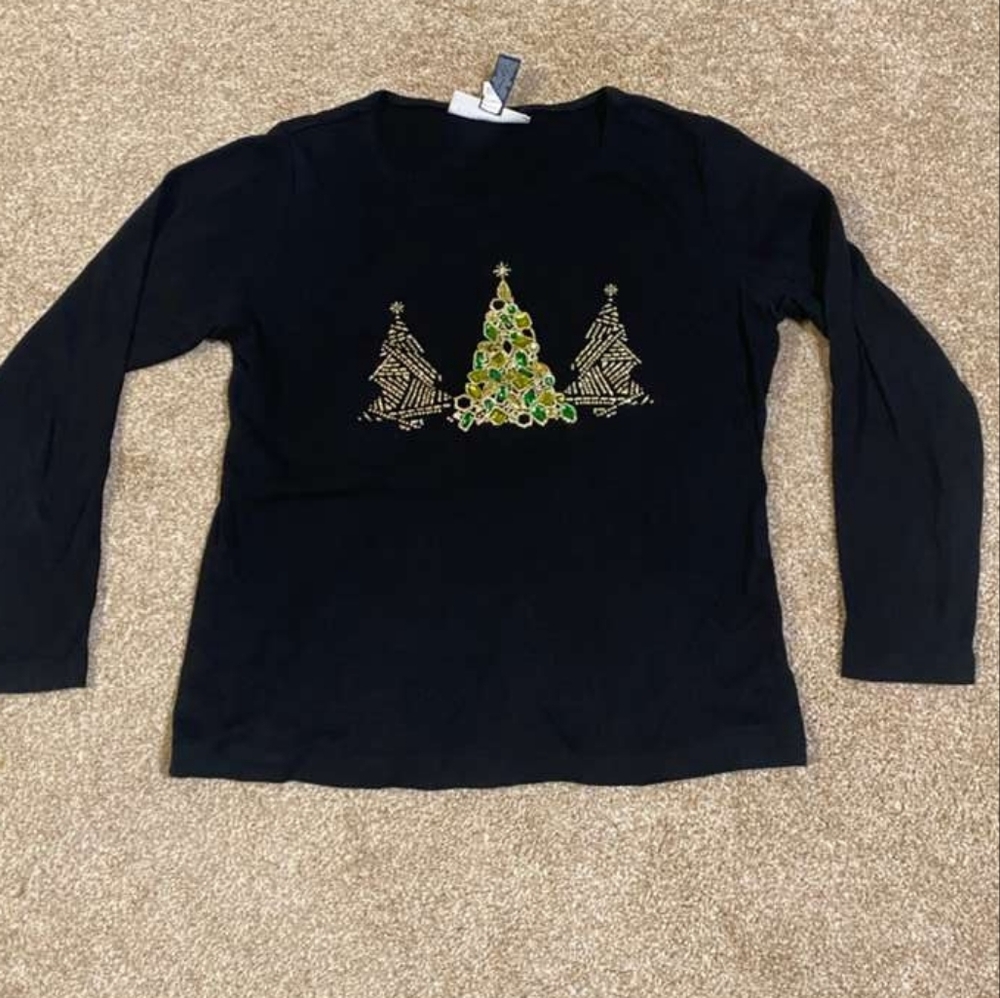 Scott Black Top with Gold and Green Tree Design